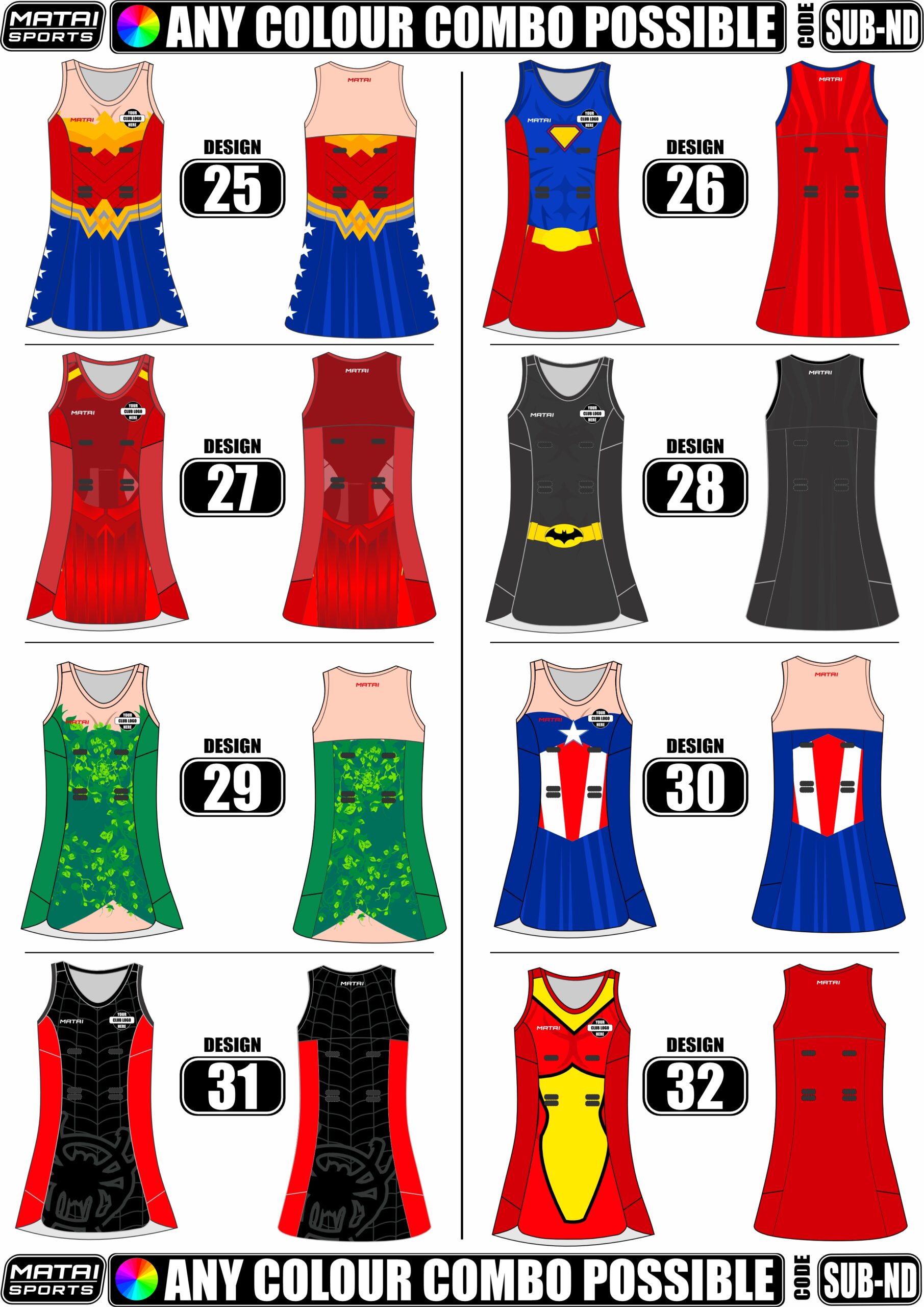 25 - 32 Sub Netball Dress Superheroes